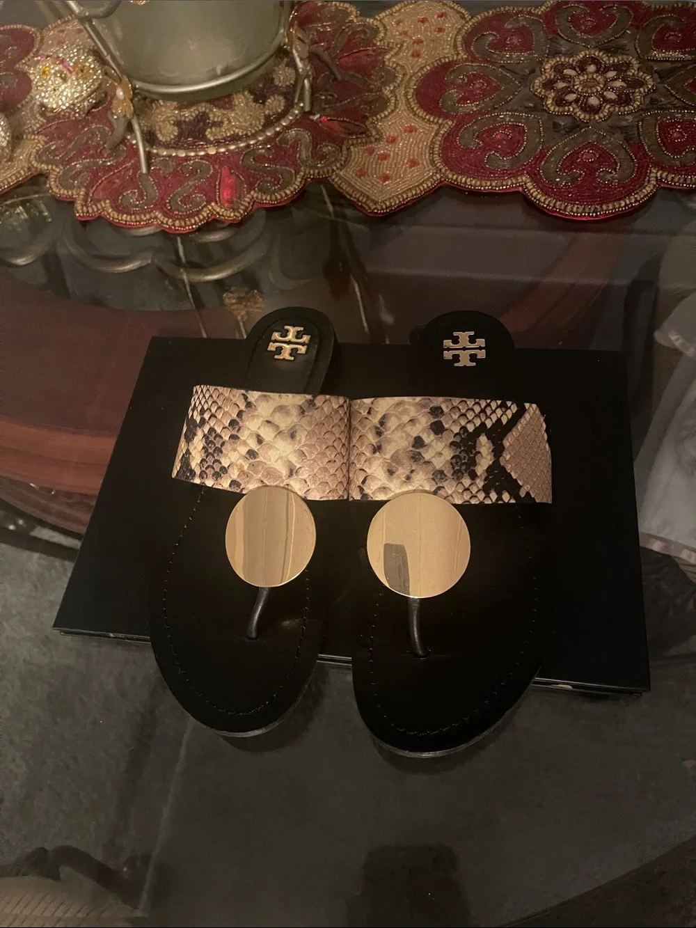 Tory Burch Black Slides with Snake-Print Strap and Gold Discs